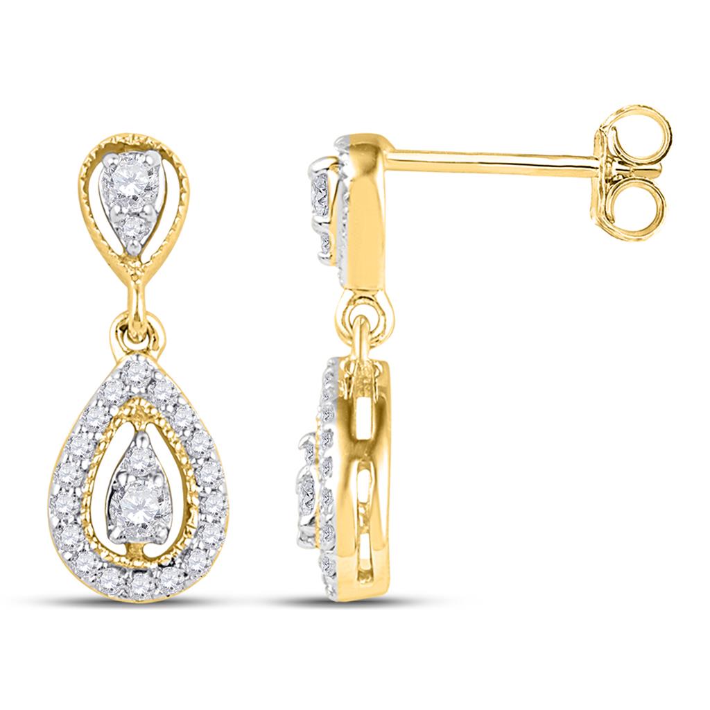 10k Yellow Gold Round Diamond Teardrop Dangle Earrings 1/3 Cttw