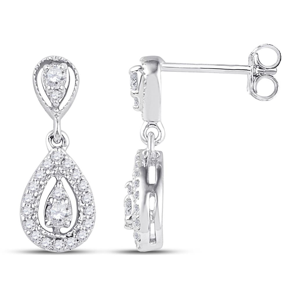 14k White Gold Round Diamond Teardrop Dangle Earrings 1/3 Cttw