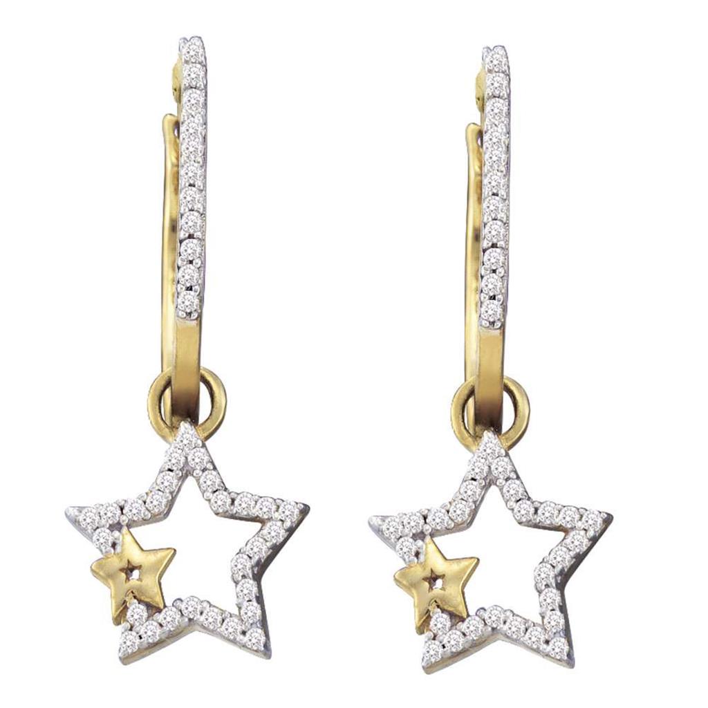 10k Yellow Gold Round Diamond Double Star Dangle Earrings 1/4 Cttw