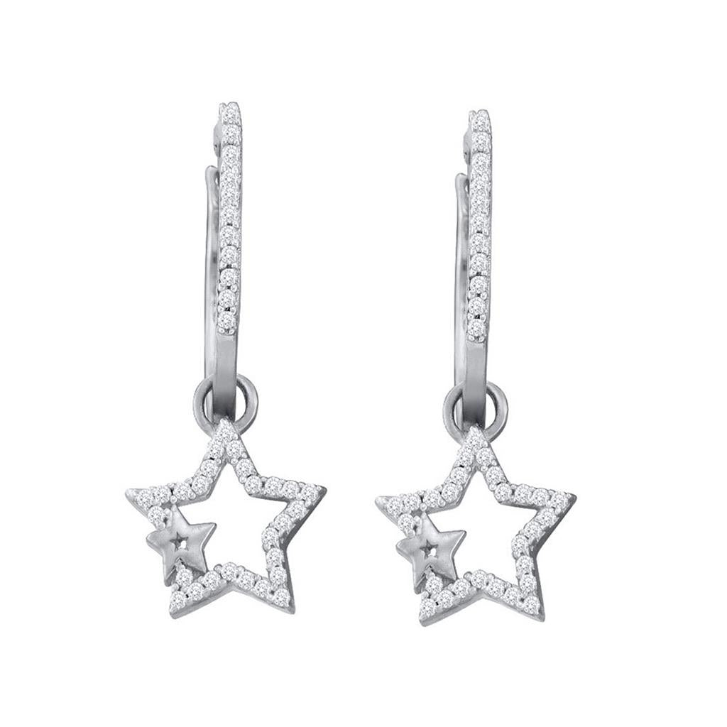 14k White Gold Round Diamond Star Dangle Earrings 1/4 Cttw