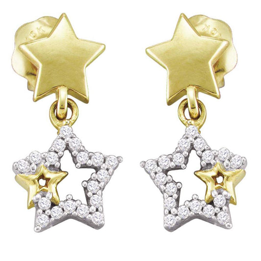 10k Yellow Gold Round Diamond Star Dangle Earrings 1/10 Cttw