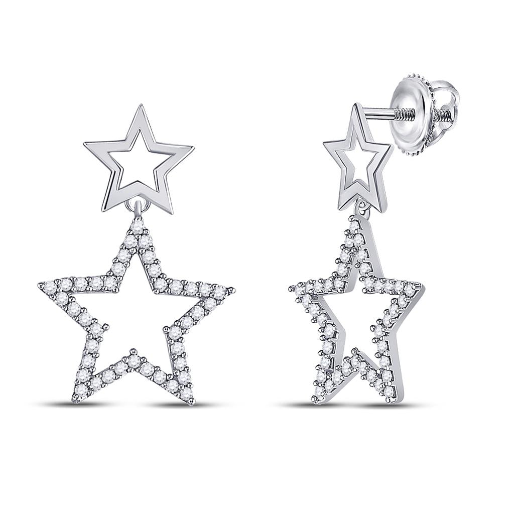 14k White Gold Round Diamond Star Dangle Earrings 1/4 Cttw