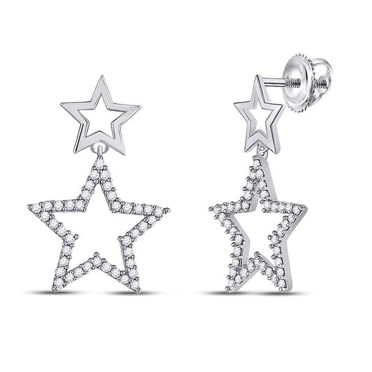 14k White Gold Round Diamond Star Dangle Earrings 1/4 Cttw