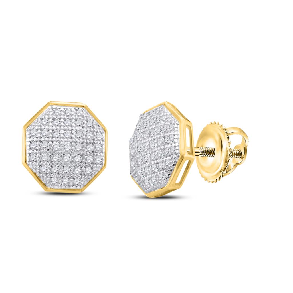 10k Yellow Gold Round Diamond Octagon Cluster Earrings 1/5 Cttw