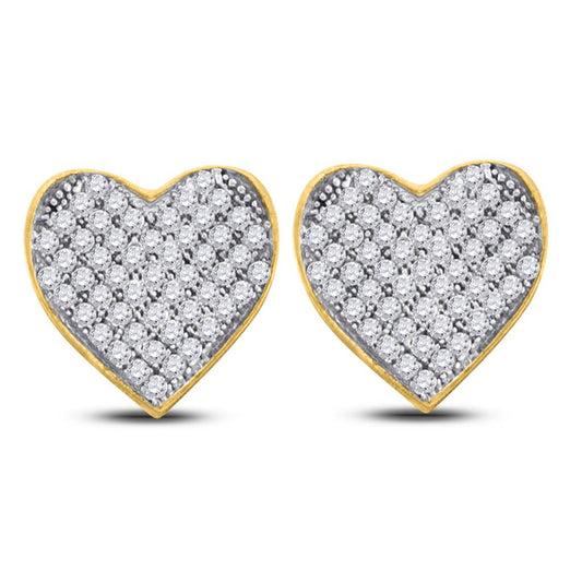 10k Yellow Gold Round Diamond Heart Cluster Earrings 1/10 Cttw