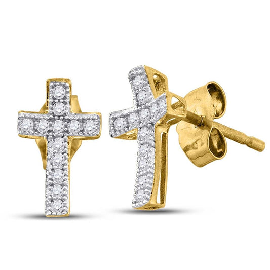 10k Yellow Gold Round Diamond Cross Earrings 1/10 Cttw