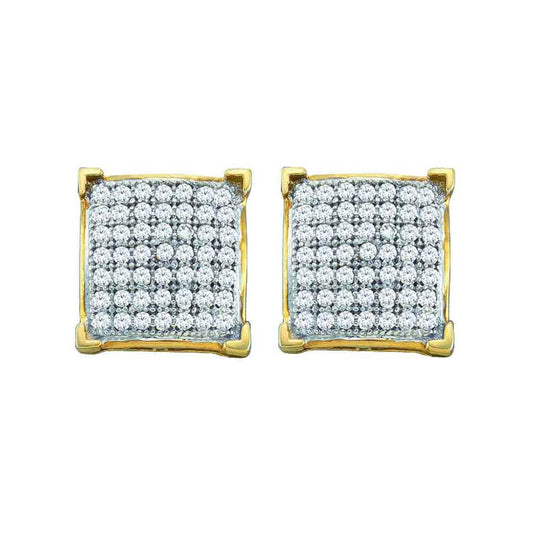 10k Yellow Gold Round Diamond Square Cluster Earrings 1/10 Cttw