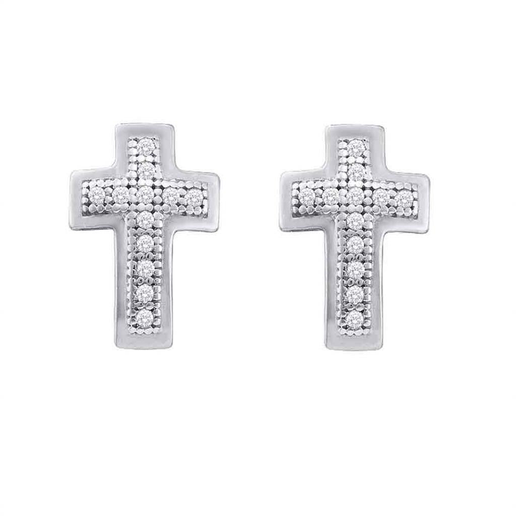 14k White Gold Round Diamond Small Cross Earrings 1/10 Cttw