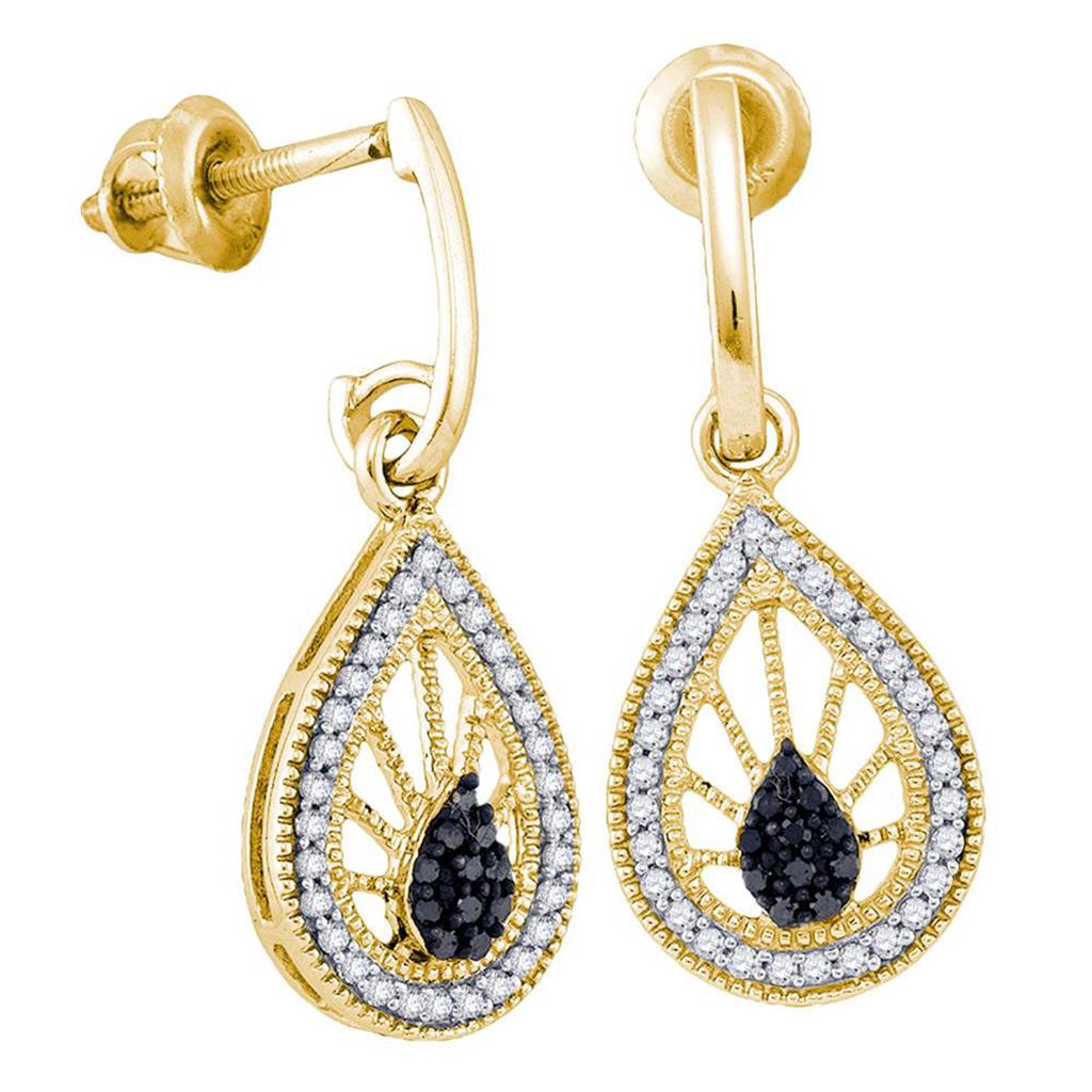 10k Yellow Gold Round Black Diamond Teardrop Dangle Earrings 1/4 Cttw