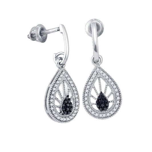 14k White Gold Round Black Diamond Teardrop Dangle Earrings 1/4 Cttw