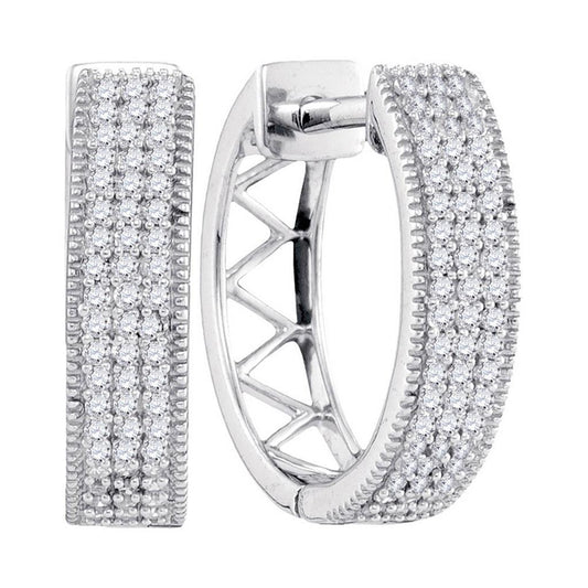 14k White Gold Round Diamond Triple Row Pave Hoop Earrings 1/3 Cttw