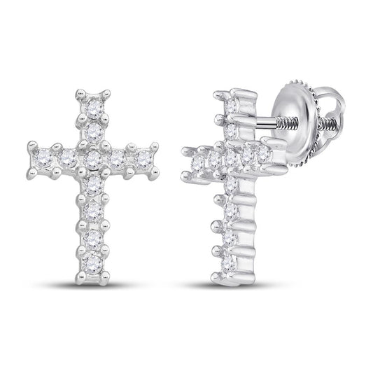 14k White Gold Round Diamond Cross Earrings 1/10 Cttw