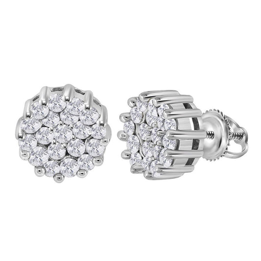 14kt White Gold Womens Round Diamond Flower Cluster Earrings 1 Cttw