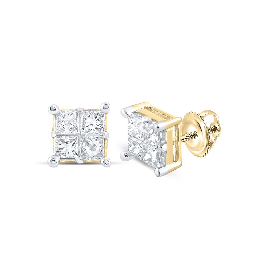 14kt Yellow Gold Womens Princess Diamond Square Cluster Stud Earrings 1 Cttw