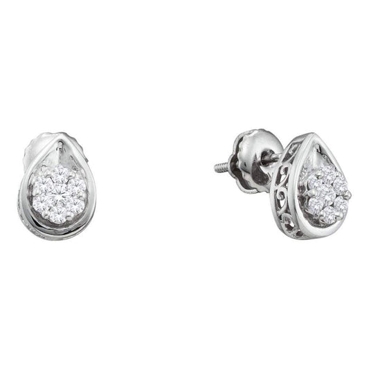 14k White Gold Round Diamond Flower Cluster Teardrop Stud Earrings 1/10 Cttw