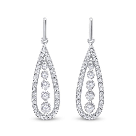 14k White Gold Round Diamond Teardrop Dangle Earrings 3/4 Cttw