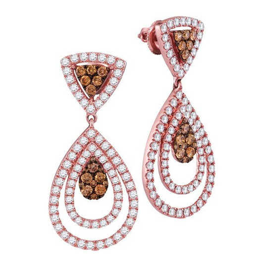 14k Rose Gold Round Brown Diamond Teardrop Dangle Earrings 2-1/2 Cttw