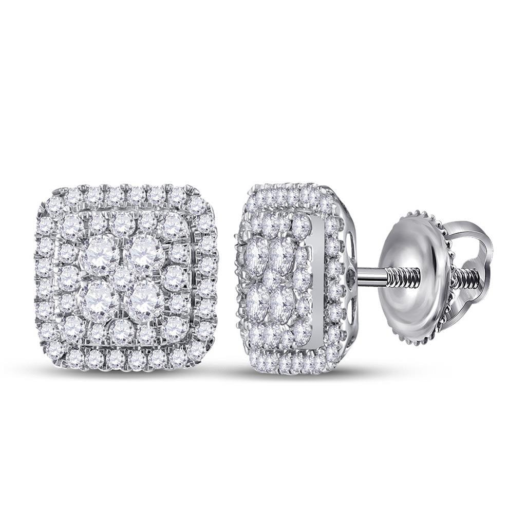 14k White Gold Round Diamond Cushion Cluster Earrings 1-1/2 Cttw