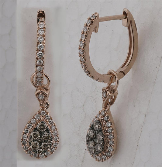 14k Rose Gold Round Brown Diamond Teardrop Dangle Earrings 1/2 Cttw