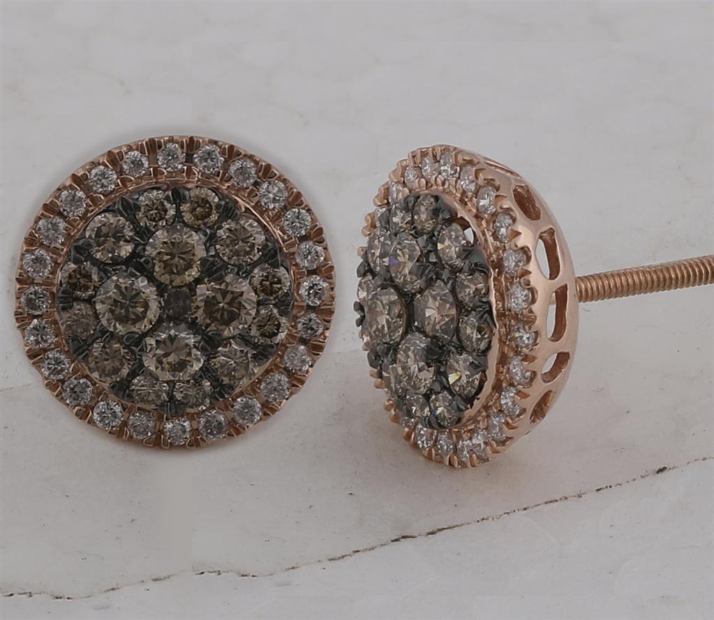 14k Rose Gold Brown Diamond Circle Frame Cluster Earrings 1 Cttw