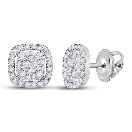 14k White Gold Princess Diamond Cushion Cluster Earrings 1/2 Cttw