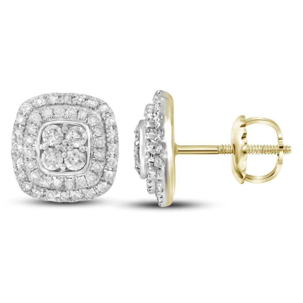 14k Yellow Gold Round Diamond Cushion Cluster Earrings 1/2 Cttw