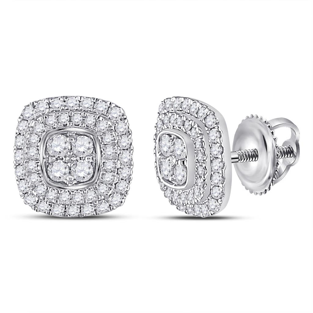 14k White Gold Round Diamond Cushion Cluster Earrings 1/2 Cttw