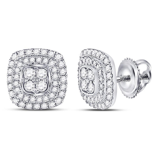 14k White Gold Round Diamond Cushion Cluster Earrings 1/2 Cttw