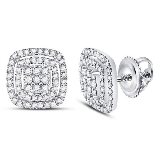 14k White Gold Round Diamond Cushion Cluster Earrings 1/2 Cttw