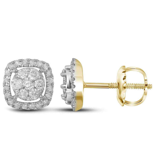 14k Yellow Gold Round Diamond Cushion Cluster Earrings 3/8 Cttw