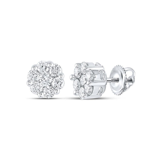 14k White Gold Round Diamond Flower Cluster Stud Earrings 1 Cttw