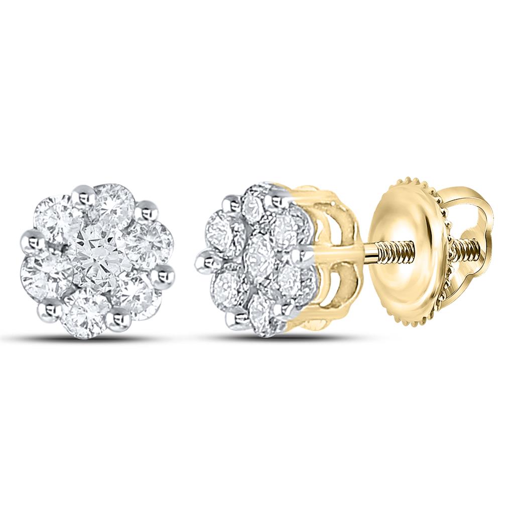 10k Yellow Gold Round Diamond Flower Cluster Stud Earrings 1/2 Cttw