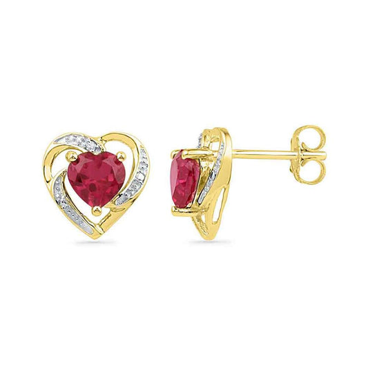 10k Yellow Gold Round Created Ruby Diamond Heart Earrings 3/8 Cttw