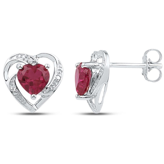 14k White Gold Round Created Ruby Diamond Heart Earrings 3/8 Cttw