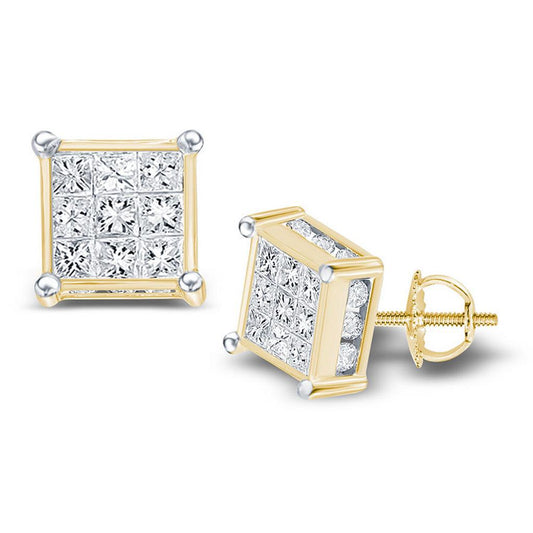 14k Yellow Gold Princess Diamond Cluster Stud Earrings 1 Cttw