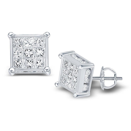 14k White Gold Princess Diamond Cluster Stud Earrings 1 Cttw