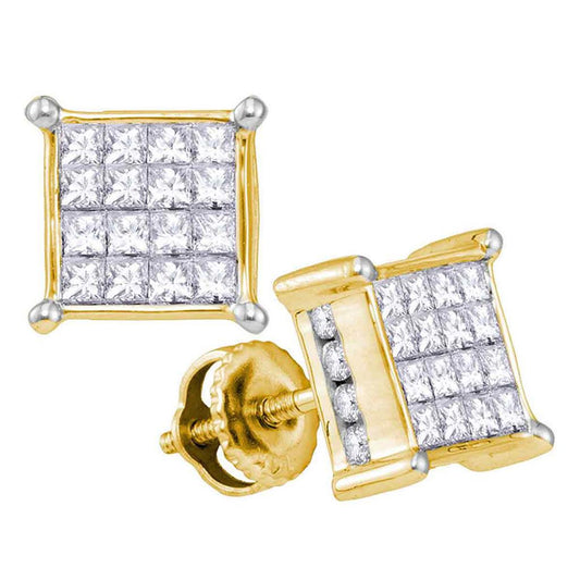 14k Yellow Gold Princess Diamond Cluster Stud Earrings 1 Cttw