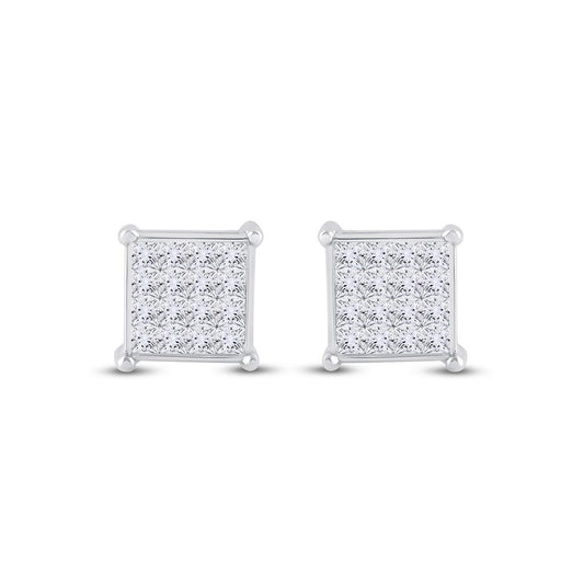 14k White Gold Princess Diamond Cluster Stud Earrings 1 Cttw