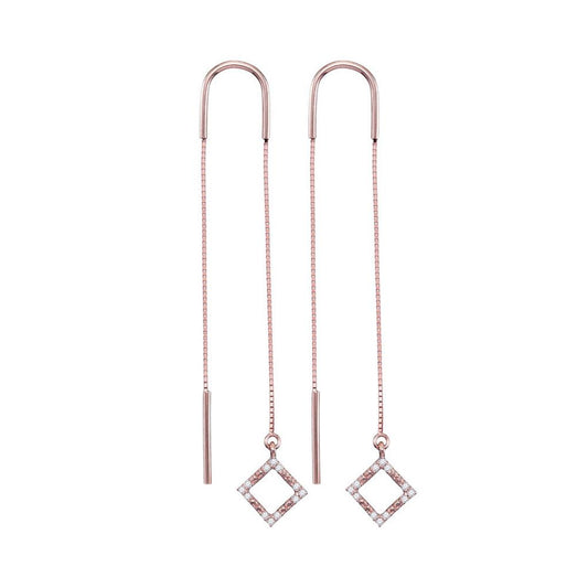 10k Rose Gold Round Diamond Diagonal Square Dangle Threader Earrings 1/10 Cttw