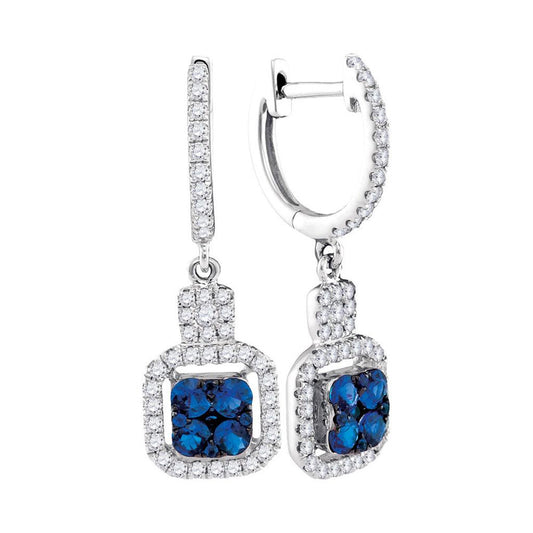 14k White Gold Round Blue Sapphire Square Dangle Earrings 1 Cttw