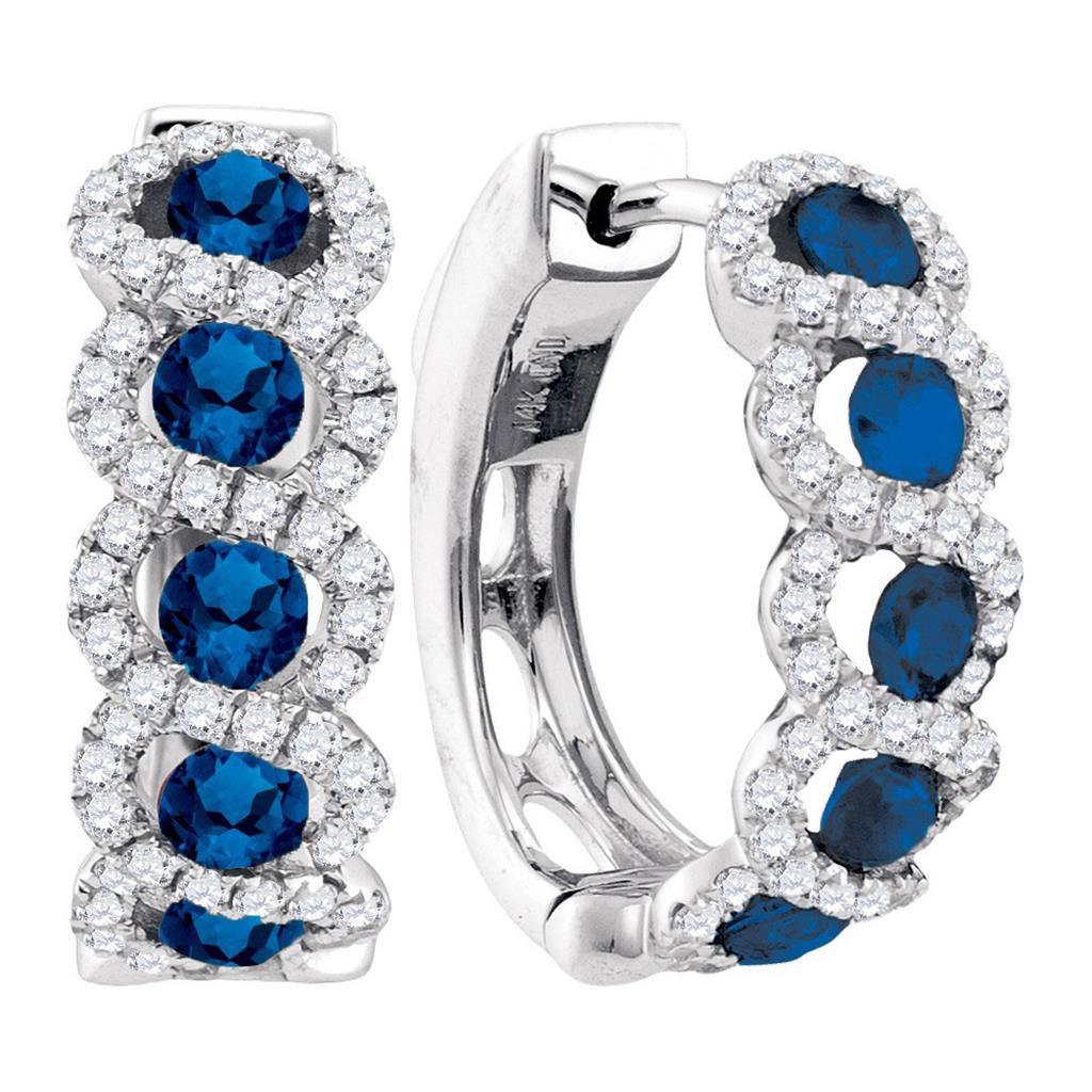 14k White Gold Round Blue Sapphire Diamond Hoop Earrings 1-3/4 Cttw