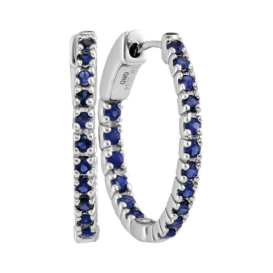 14k White Gold Round Blue Sapphire Hoop Earrings 1-1/4 Cttw