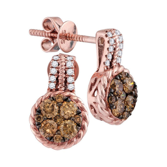 14k Rose Gold Round Brown Diamond Rope Cluster Earrings 3/4 Cttw