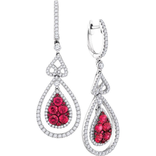 14k White Gold Round Ruby Diamond Teardrop Dangle Earrings 2-5/8 Cttw