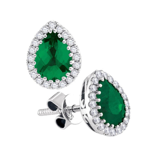 14k White Gold Pear Emerald Diamond Stud Earrings 1-1/5 Cttw