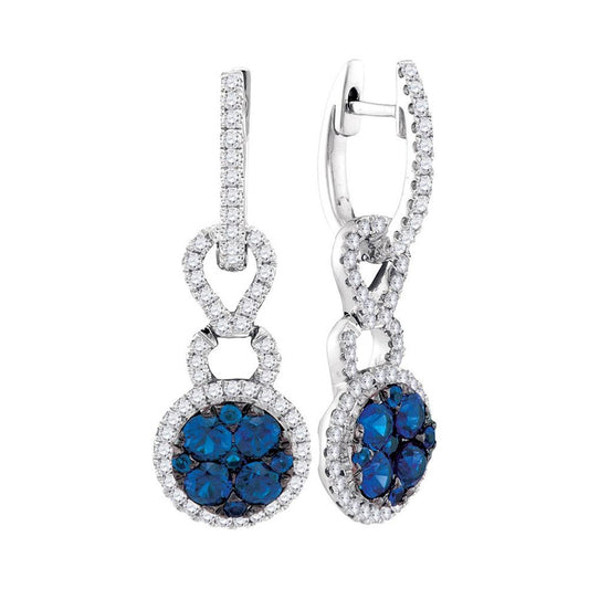 14k White Gold Blue Sapphire Cluster Diamond Frame Dangle Earrings 5/8 Cttw