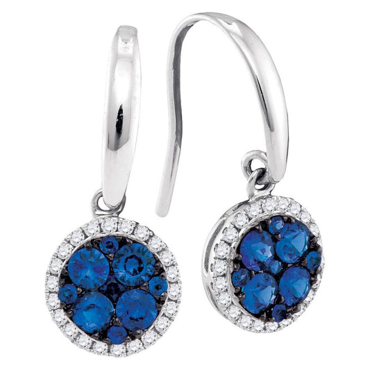 14k White Gold Round Blue Sapphire Cluster Dangle Earrings 7/8 Cttw