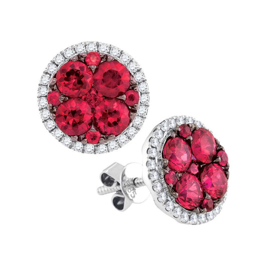 14k White Gold Round Ruby Circle Cluster Earrings 2-7/8 Cttw