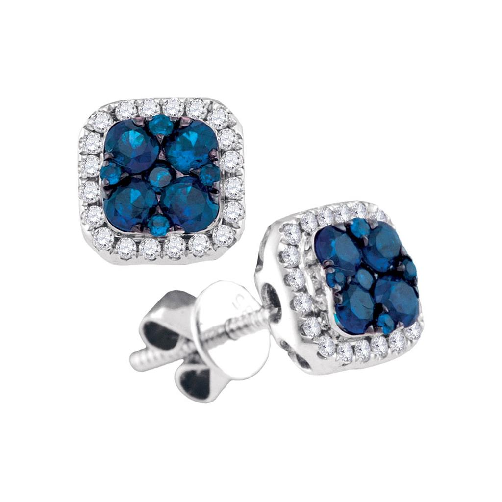 14k White Gold Round Blue Sapphire Square Cluster Diamond Earrings 3/4 Cttw