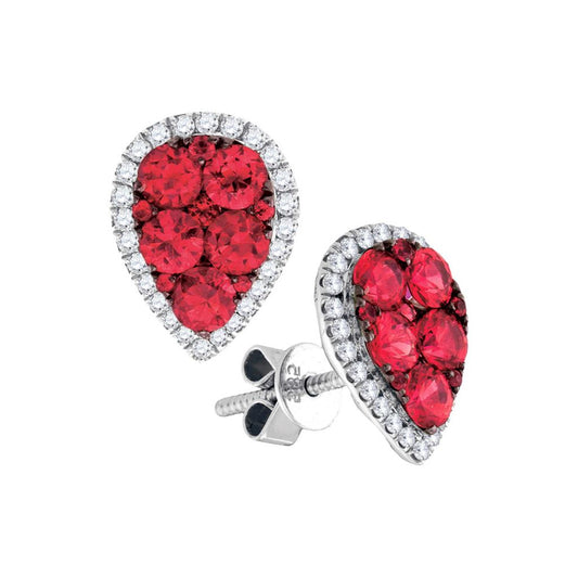 14k White Gold Round Ruby Diamond Teardrop Earrings 1-7/8 Cttw